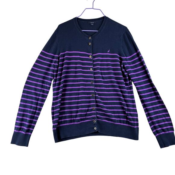 Nautica Button Up Long Sleeve Sweater Women's XL Navy & Purple Striped Dark Prep - Picture 1 of 10